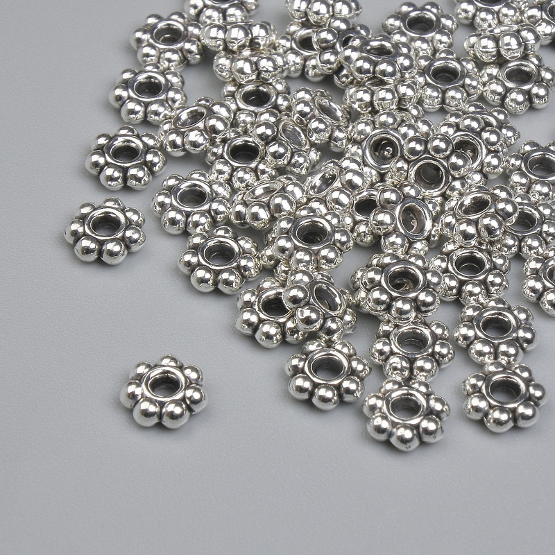 Bead insert findings, silver-tone color, 6 mm bead diameter ±, hole diameter 1.7 mm ±, packaging ~55 pcs