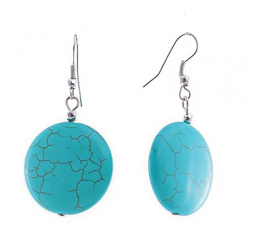 Drop earrings with round turquoise cabochons with veining, 44×22 mm