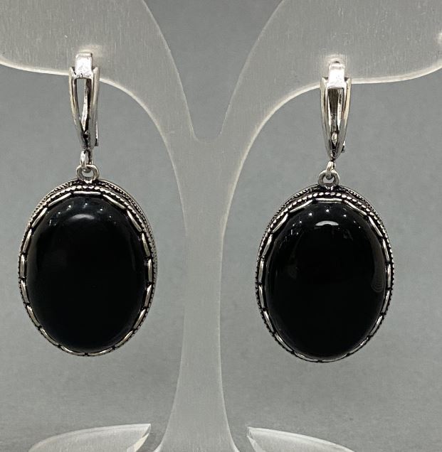 Agate Earrings in Openwork Setting, Marquise-Cut Oval Stone 28×22 mm, Length 45 cm
