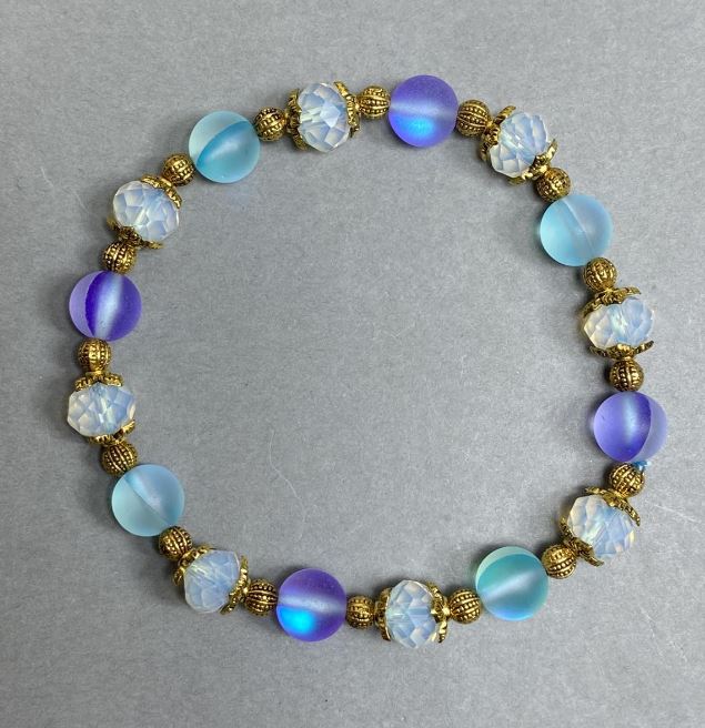 Opal Glass Bracelet with Smooth 8mm Beads and Metal Inserts, 18 cm Elastic