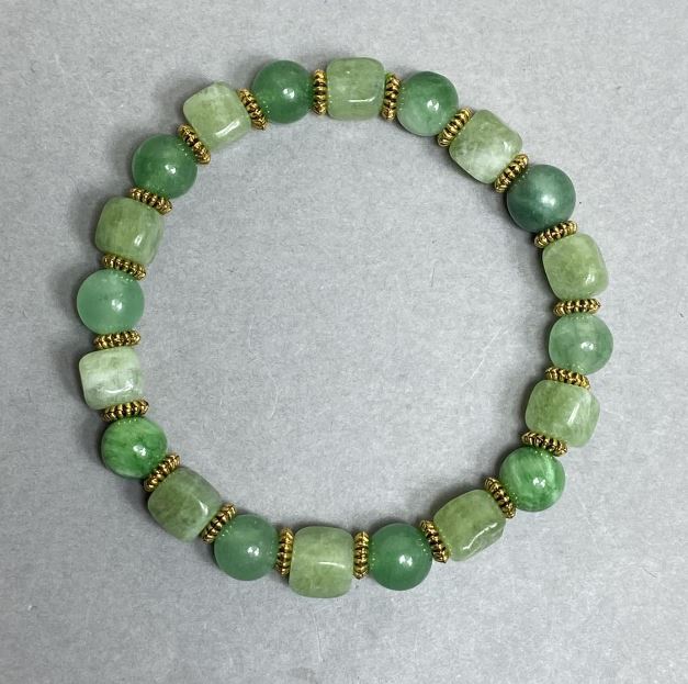 Bracelet with nephrite smooth beads 8mm + chrysoprase cubes 6x7mm, 18 cm stretch