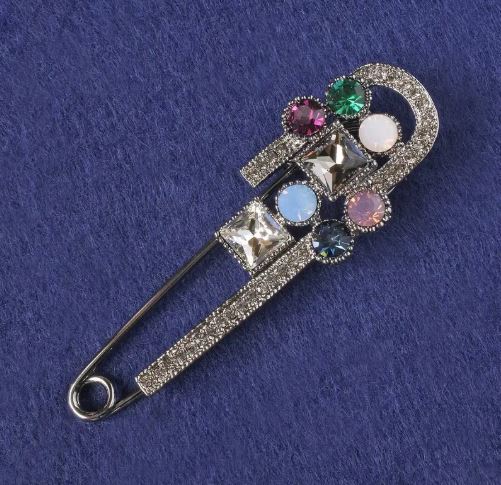 Brooch-pin with black rhinestones, multicolored crystals, silver-tone metal 78x25mm+