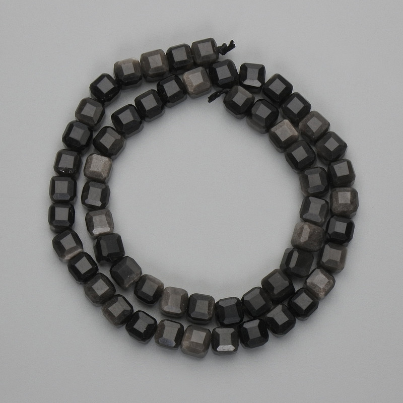 Beads of Silvery Obsidian, Faceted Cube 7x7 mm, approx. 37 cm on thread