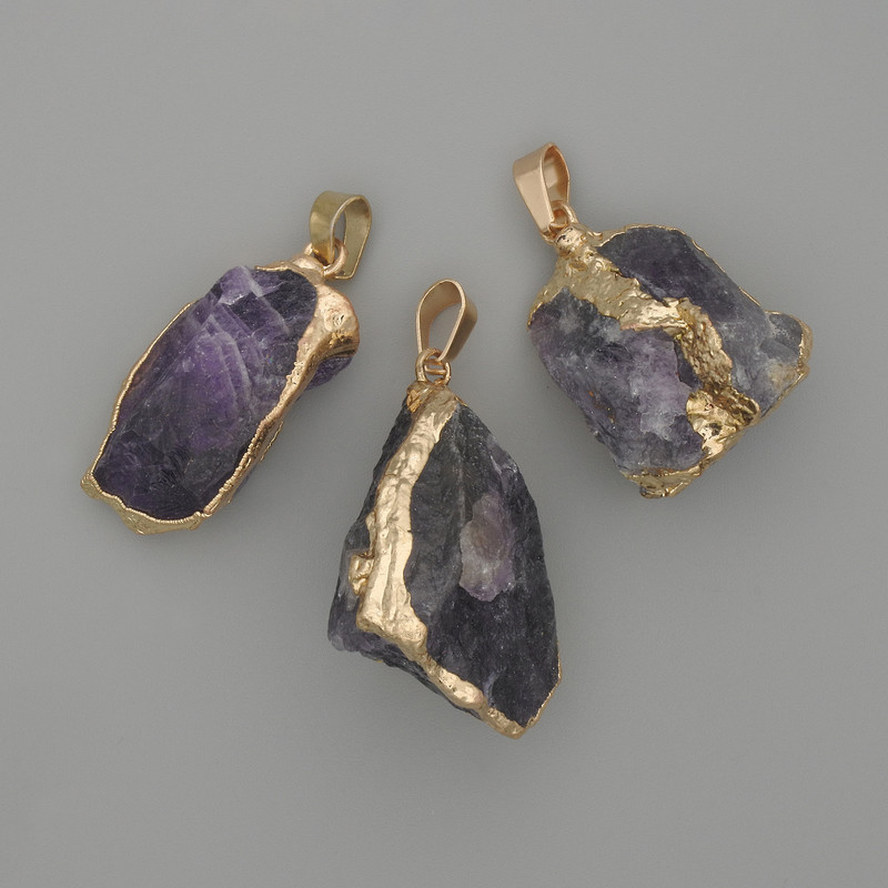 Amethyst Pendant with Raw Stone – approx. 43x28 mm, +/- assorted sizes, gold-tone metal