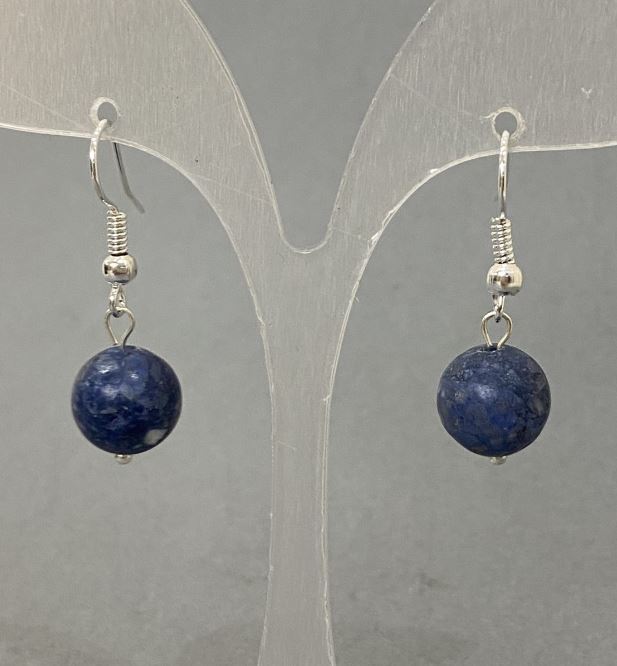 Sodalite Bead Earrings, 10 mm diameter, 30 mm+ length