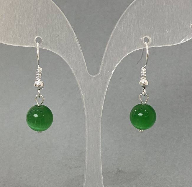 Green Cat's Eye Earrings with a Smooth Bead, 9mm Diameter, 30mm Length