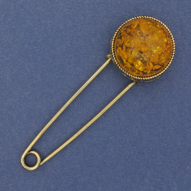 Amber Imitation Brooch Pin, 76 x 24 mm, Gold-Tone Metal