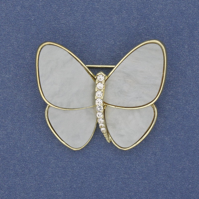 Butterfly Brooch, Light Gray Pearlescent, Gold-Toned Metal, 26x29 mm+