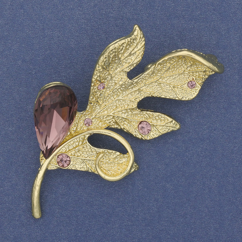 Leaf Brooch-Pendant with Crystal, Gold-Toned Metal, 67x35mm+
