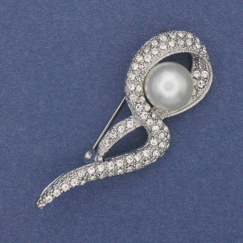 Brooch with White Pearl and Crystals, Silver-Tone Metal 55×20 mm+