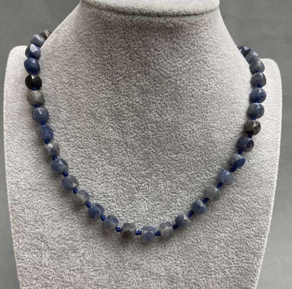 Faceted Sapphire Cube Necklace 7x7 mm, length 45 cm, with clasp