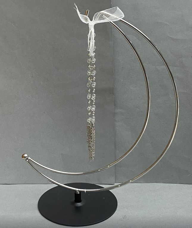Half-Moon Stand for Sphere, 24×17 cm ±, legs diameter 10 cm ±, chain length 16 cm ±, silver metal