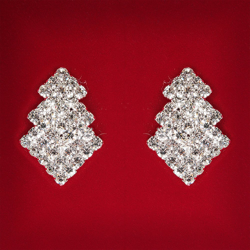 (27x18 mm) Women's earrings with white rhinestones, light metal, wedding and evening studs, Christmas-tree shape, medium size
