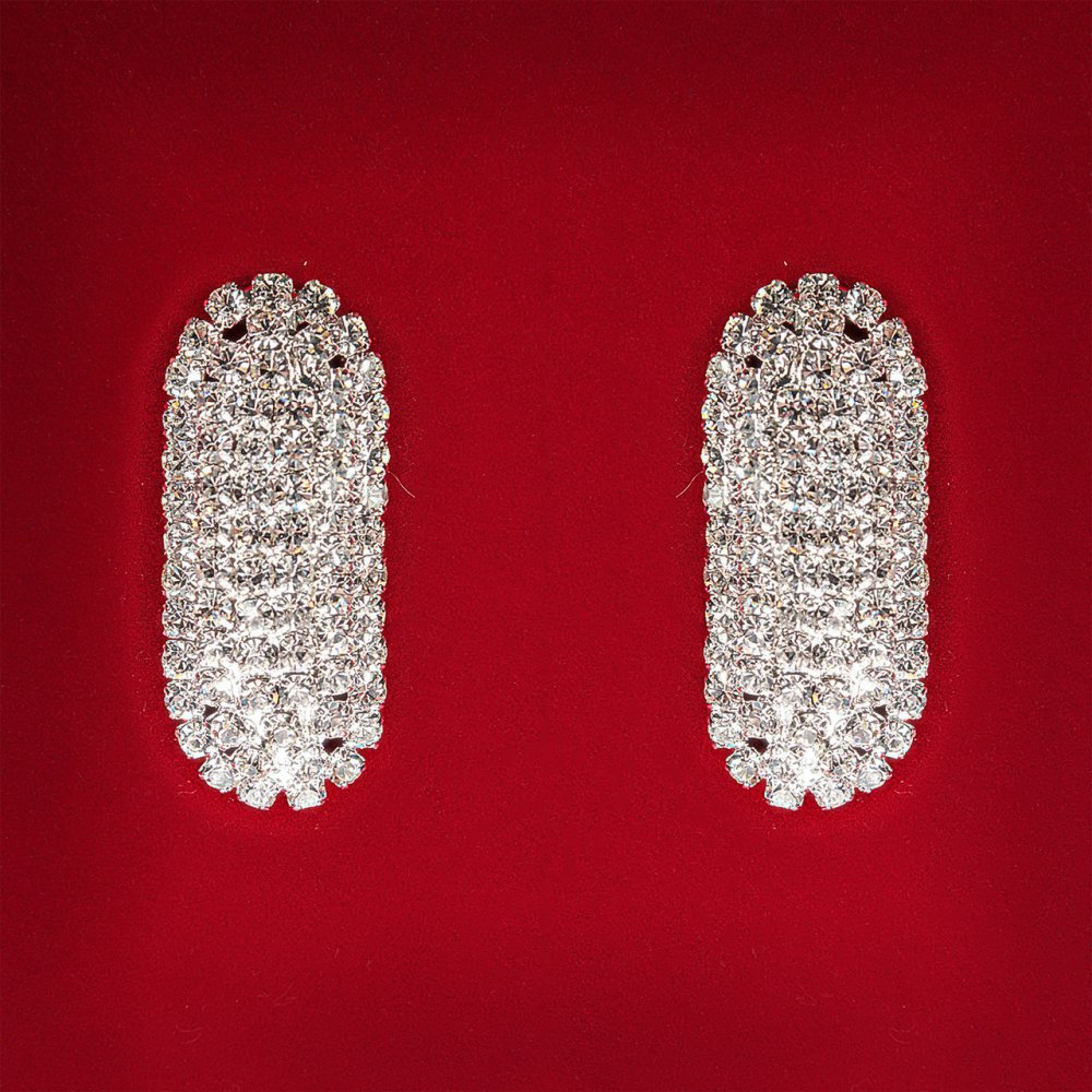 (45x25 mm) Women's earrings, white crystals, light metal, wedding and evening wear, oval elongated studs