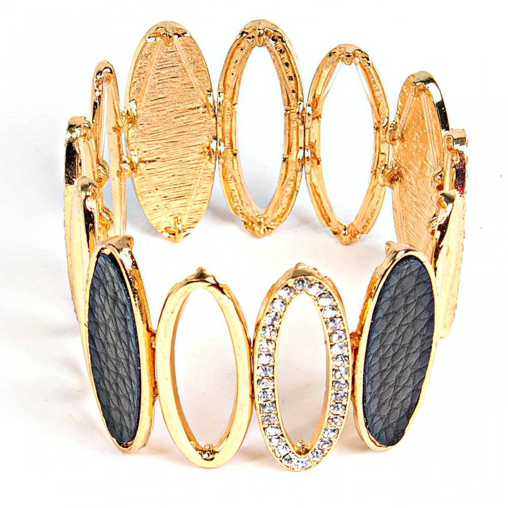 (5-6 cm) Women's bracelet, gold color, with hollow oval elements and four large dark stones