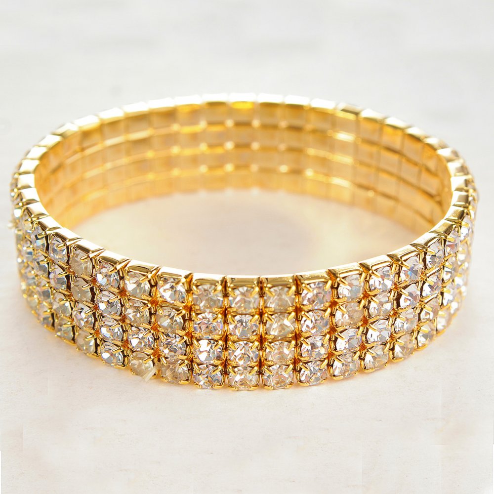 Four-row stretch bracelet with yellow rhinestones, 16–17 cm circumference