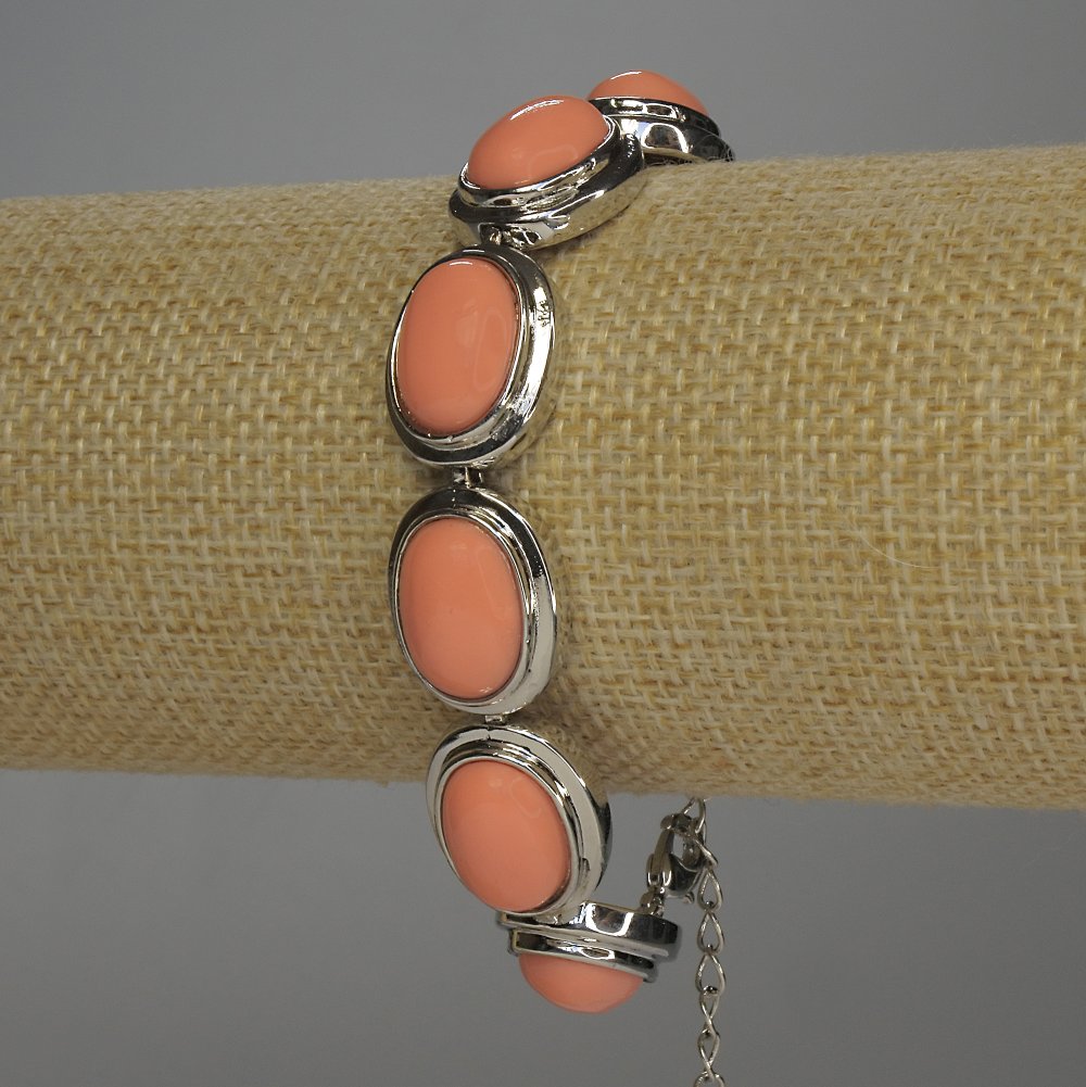 Clearance Pink Coral Bracelet (Artificial) Oval in Metal Setting 20x14 mm +/- Toggle Clasp 19-23 cm