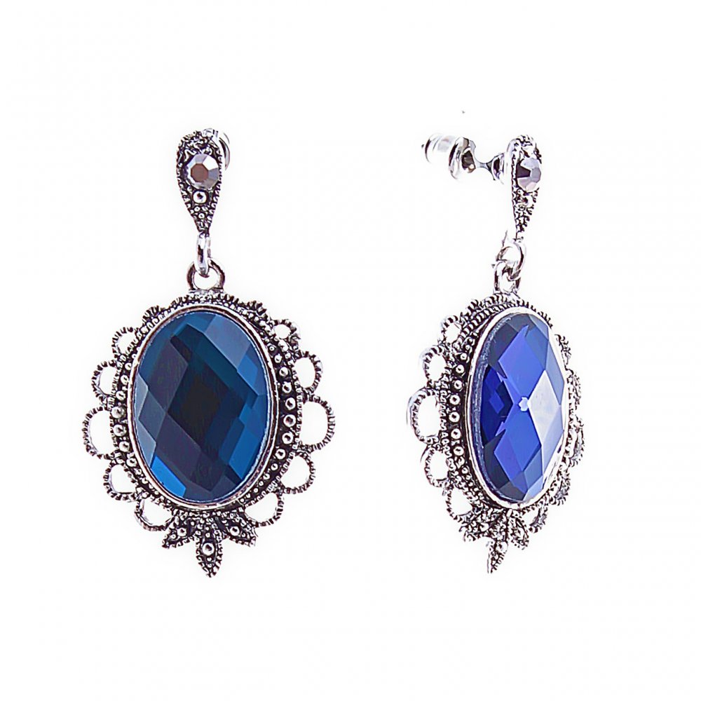 Stud earrings with large drops 'Leaves', blue crystals in a filigree setting, 40 x 25 mm