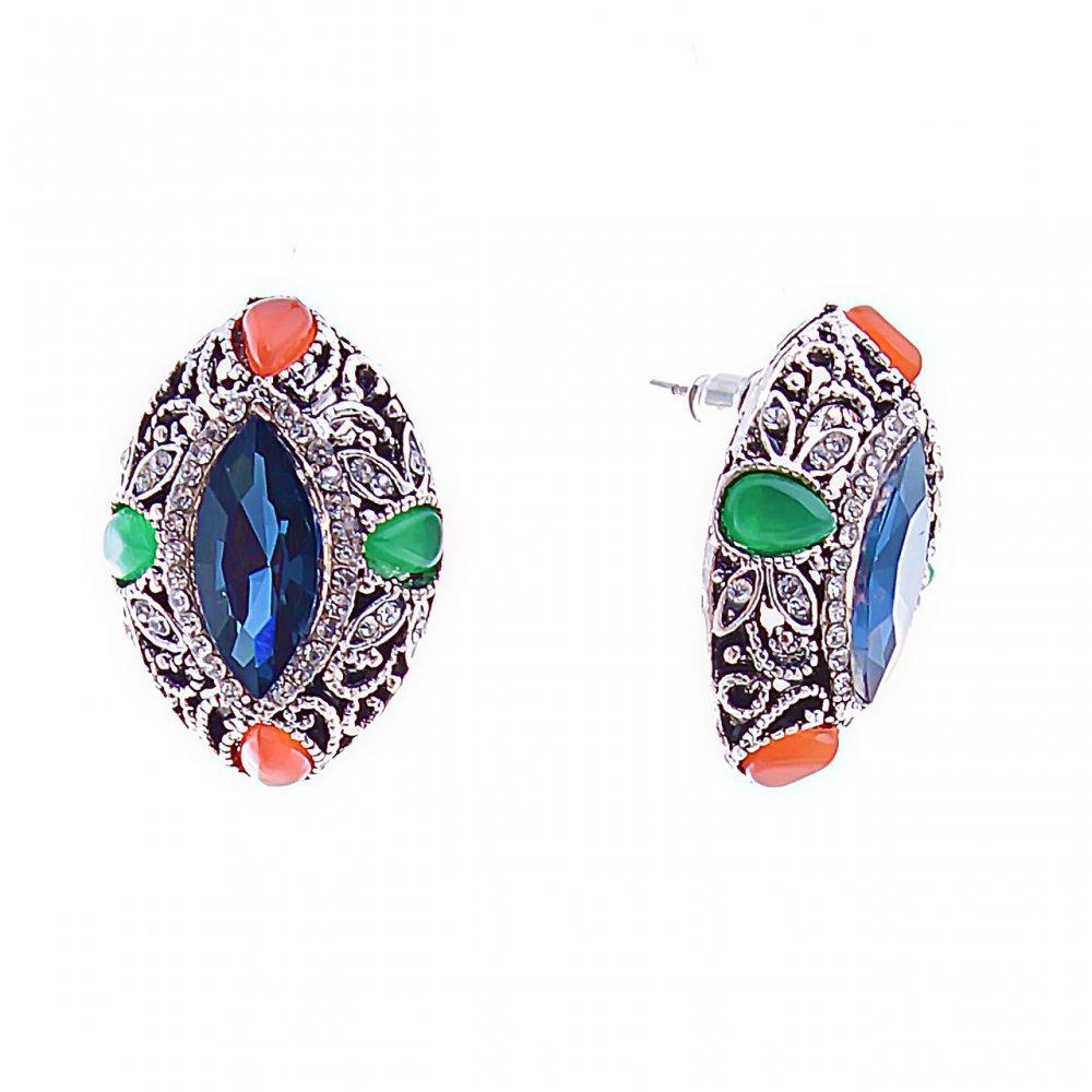 Stud earrings with blue crystals - Marquise, rhinestone setting, 26 x 19 mm