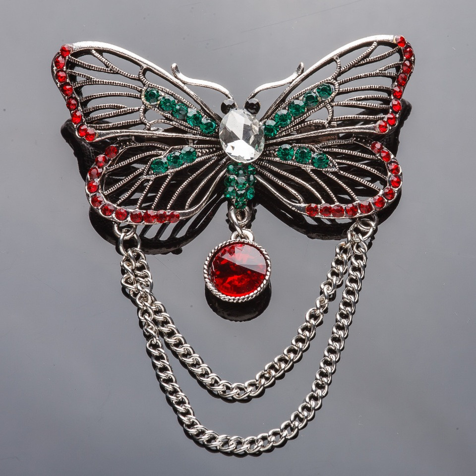 Butterfly Chain Brooch with Red and Green Rhinestones, 6.5 × 3.5 cm