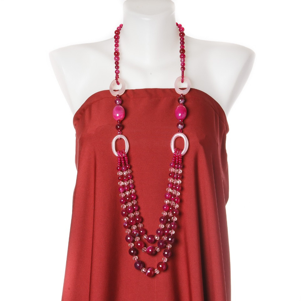 Long tiered necklace \"Raspberry Jam\" raspberry agate, length 105 cm