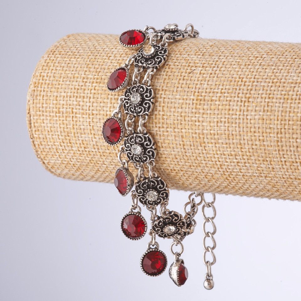 Bracelet with red crystals, pendants, series 'Eastern Bride', length 18-23 cm, metal color 'silver'