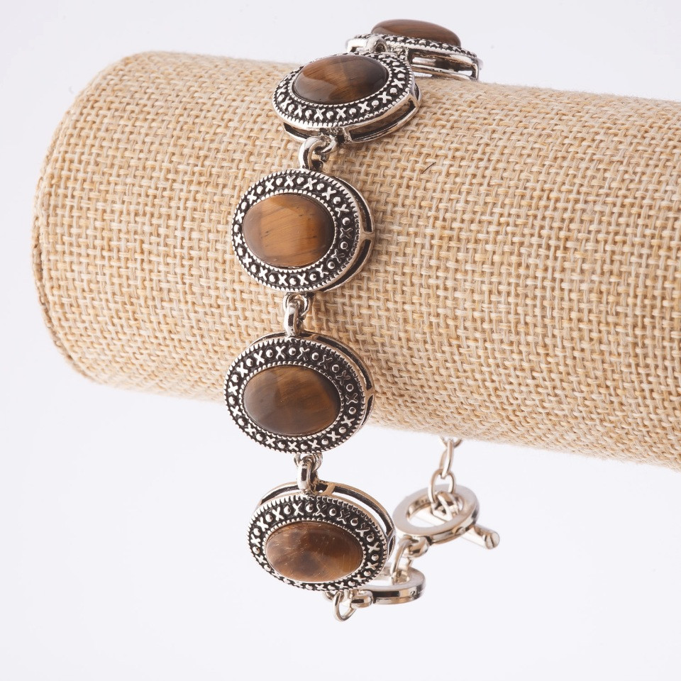 Discounted Tiger's Eye bracelet with bezel 'dot-cross' oval stones 22×18 mm, 7 stones, length 20–22 cm