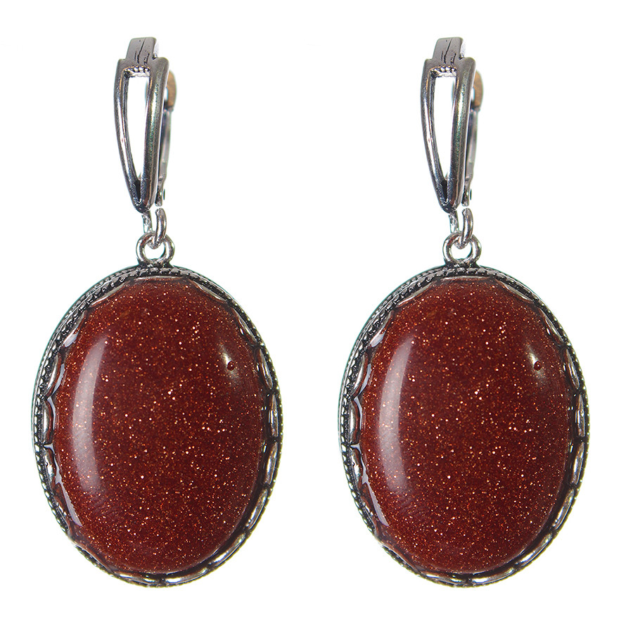 Discounted Aventurine Earrings 'Golden Sand' - Prong Setting - Oval Stone 2.8×2.1 cm, Length 4.5 cm