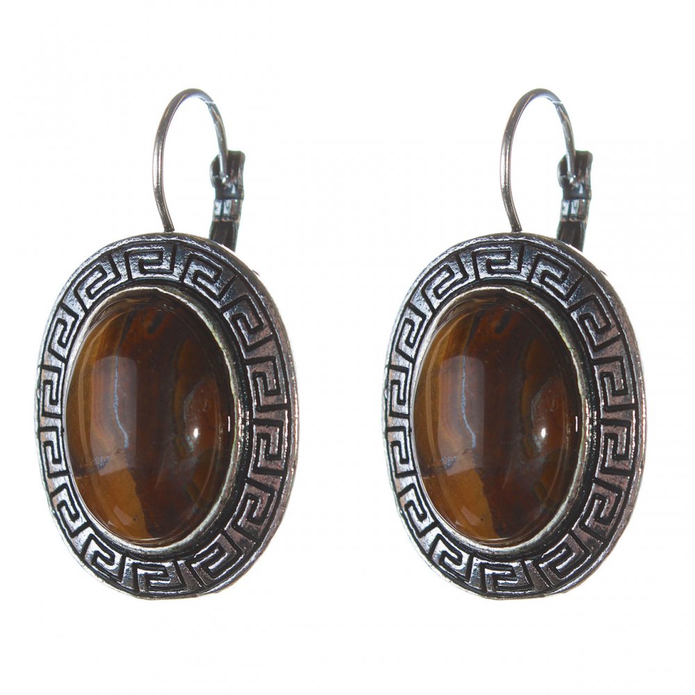 Clearance. Tiger's Eye Earrings with Greek Setting, Oval Stone 2.3 × 2.8 cm, Length 4 cm