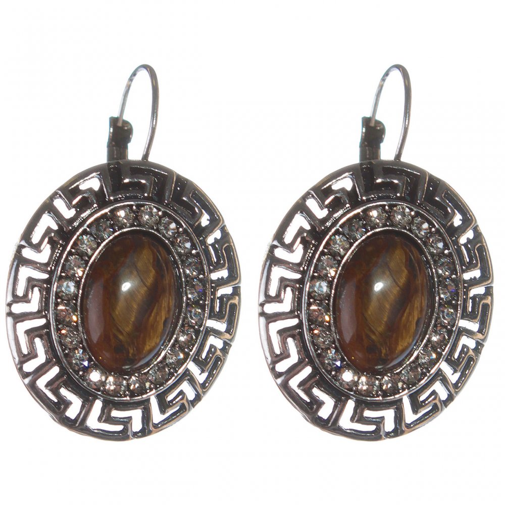 Clearance. Tiger's Eye Earrings in a 'Greek' Frame with Crystals, Oval Stone 2.5×3 cm, Length 3.9 cm