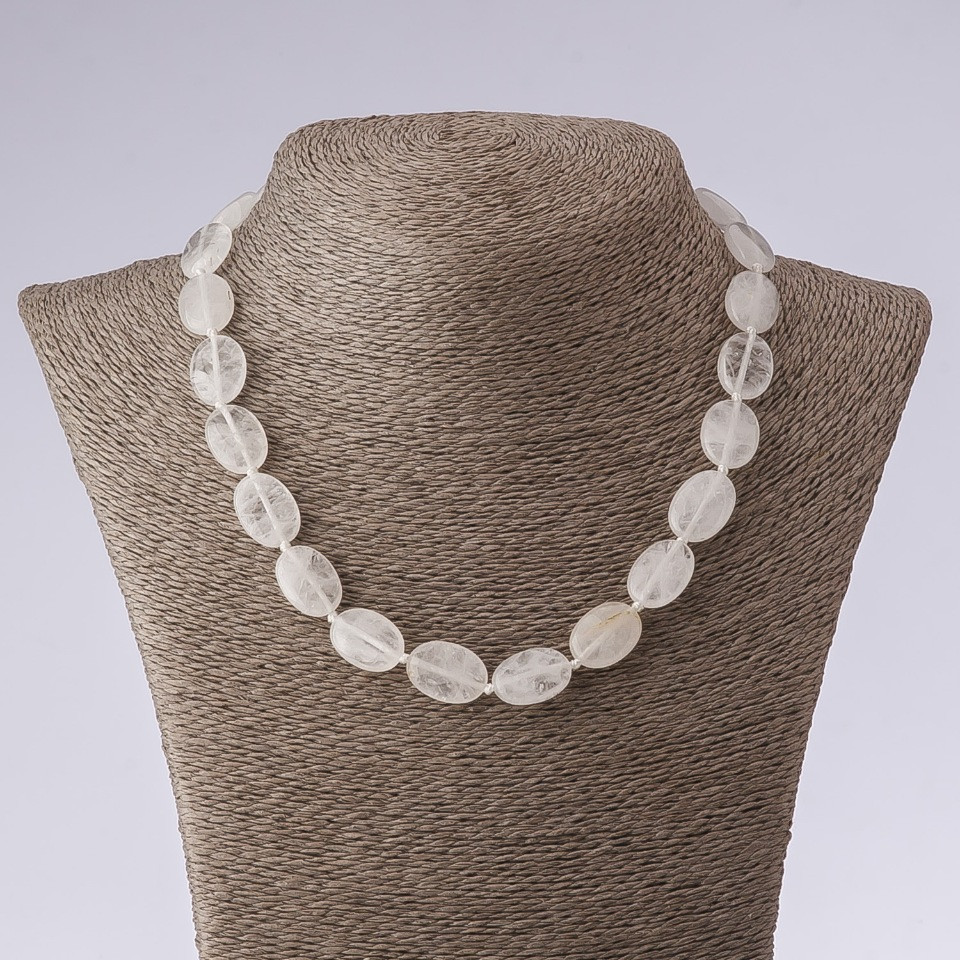 Natural Stone Necklace, White Quartz Oval Beads, 45 cm length, 13x18 mm diameter