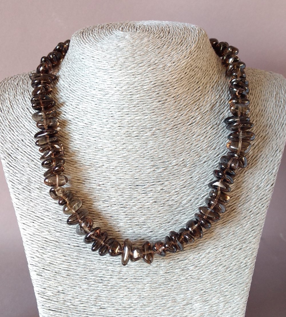 Beaded necklace of natural smoky topaz, tumbled «Butterfly», length 45 cm, diameter 10 mm (+-)