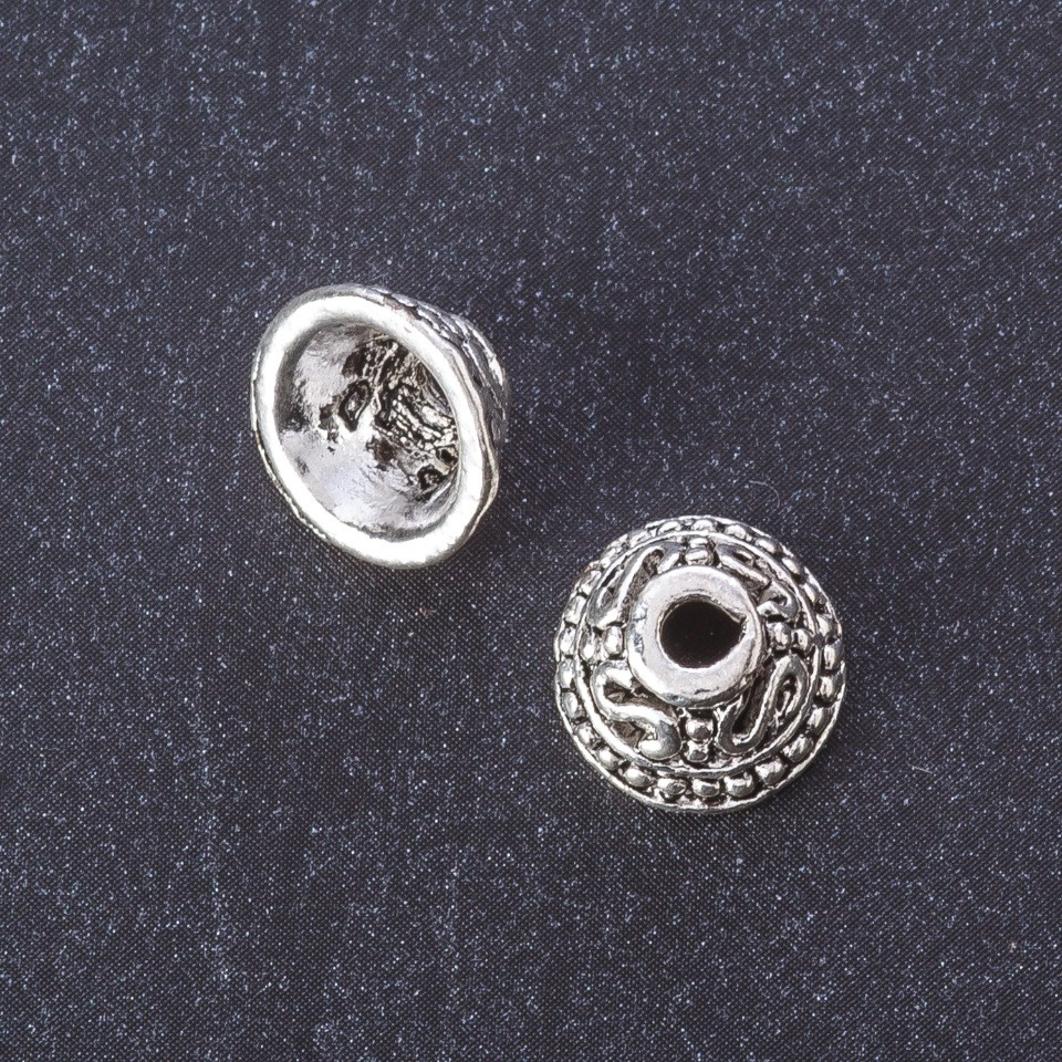 End Cap Fittings, metal color 'Silver', diameter 11 mm, d2-7 mm, d3.5 mm finish; 20 g + -10 (+ -) pcs