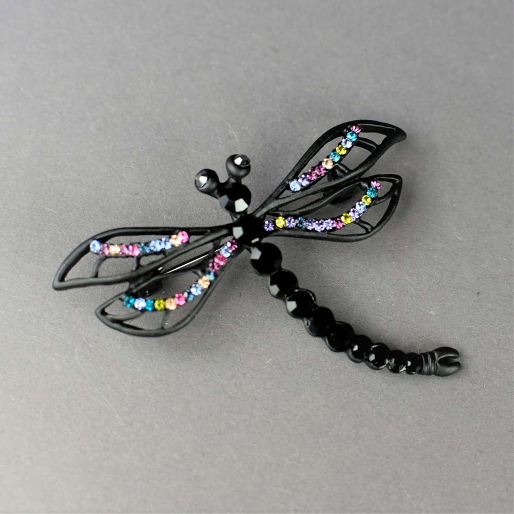 Brooch 'Dragonfly Queen of the Night' 5x6 cm black metal, colored crystals
