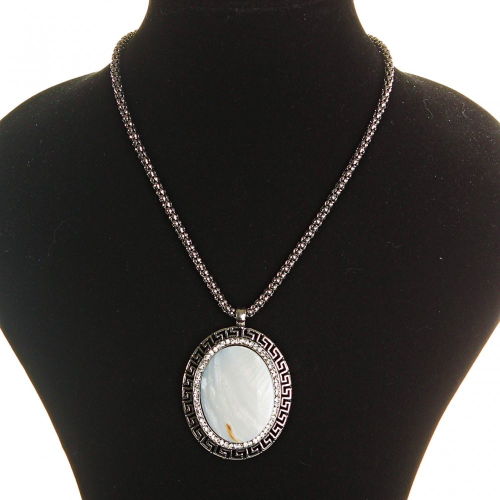 Pendant on chain with large dark gray mother-of-pearl, metal Greek setting with crystals, oval 45×55 mm, length 46–56 cm