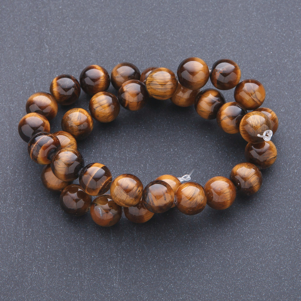 Tiger's Eye natural stone beads on thread, 12mm diameter, 39 cm length