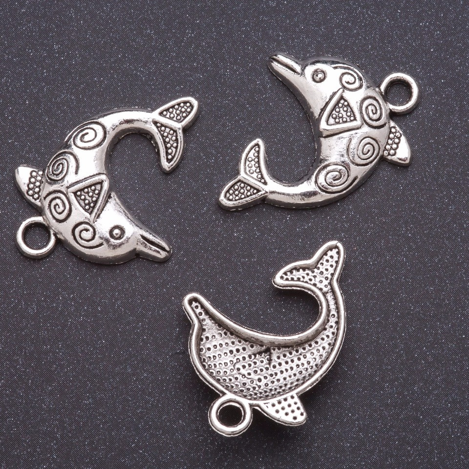 Pendant hardware Dolphin, diameter 4mm, length 31mm, gray metal finish. 20 g +/- 8 pcs