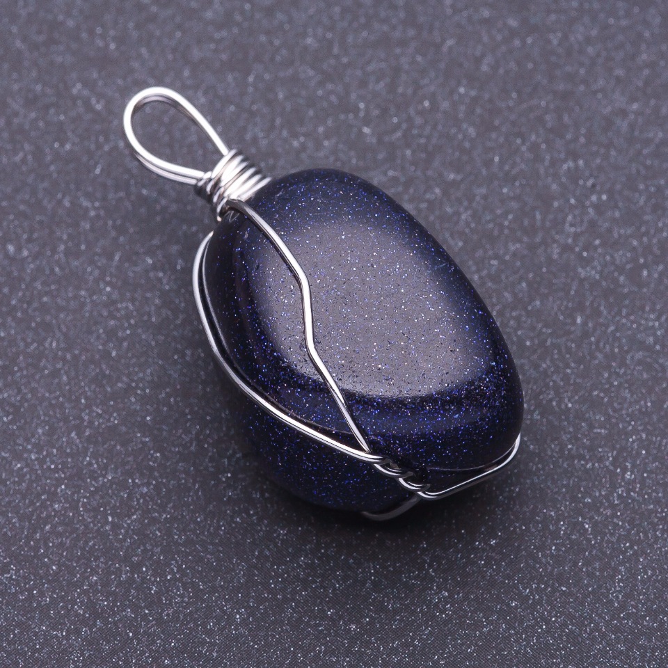 Pendant with natural aventurine stone 'Blue Sand Cairo Night' wire-wrapped, 3x2 cm, assorted sizes