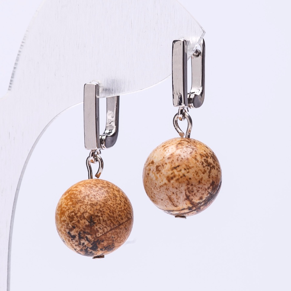 Elegant Jasper Landscape Ball Earrings, 12 mm, length 29 mm+