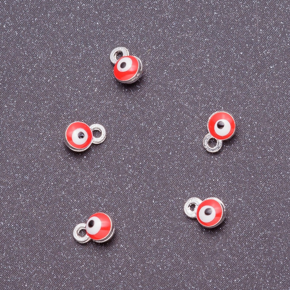 Pendant hardware 'Eyes', diameter 4mm, length 6mm, red enamel, grey metal finish. 14 pcs