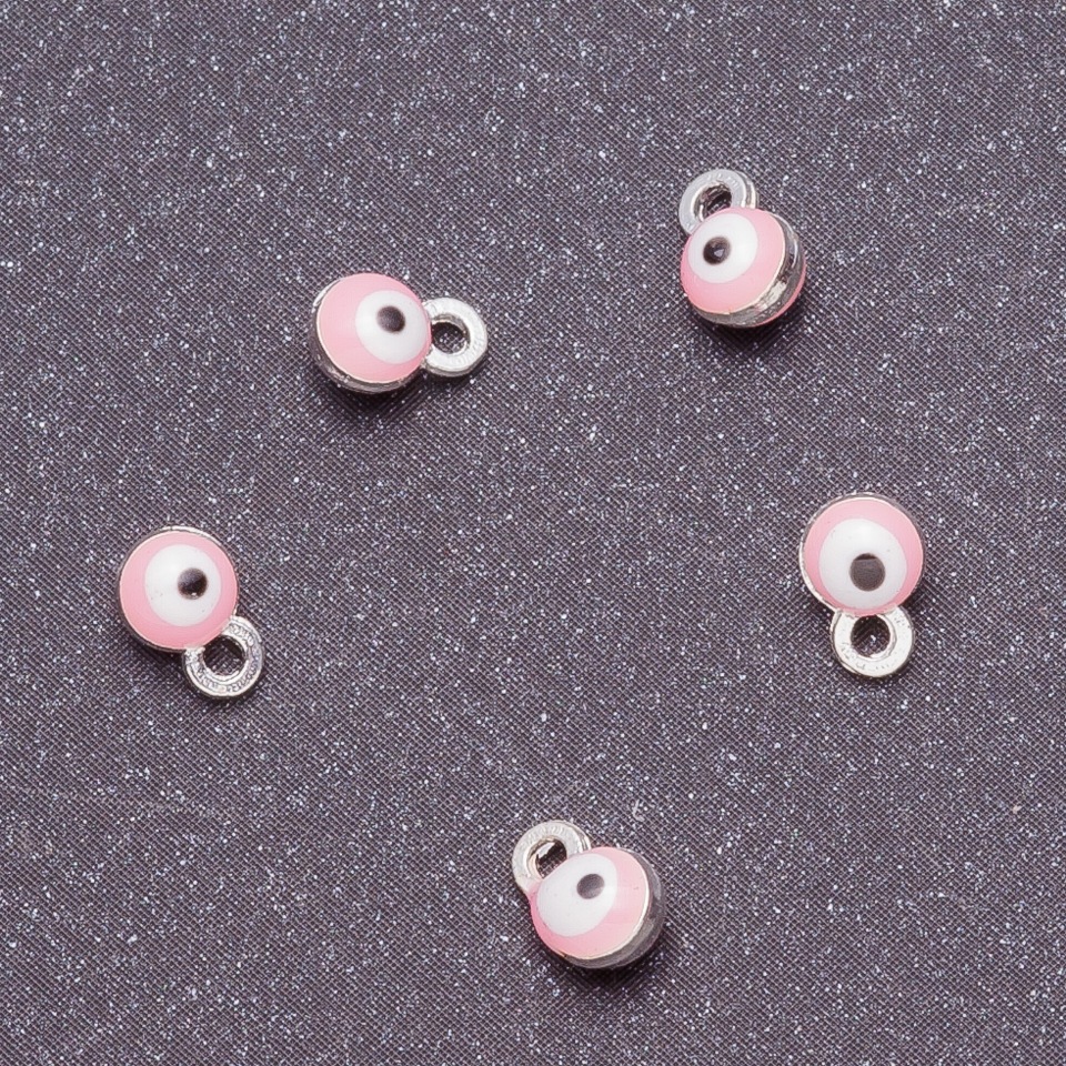 Eye pendant findings, diameter 4 mm, length 6 mm, pink enamel, gray metal finish. 14 pcs