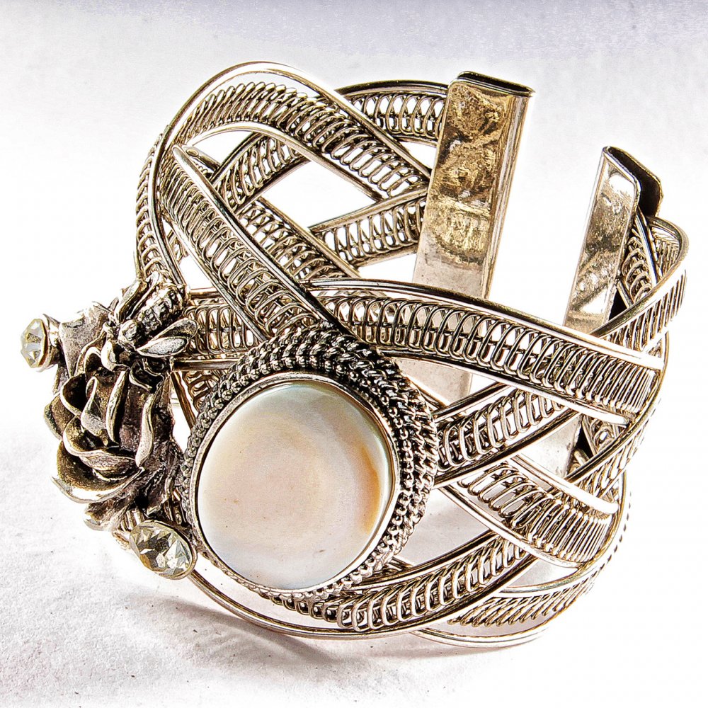 Mother-of-Pearl Bracelet, Wide Metal Cuff, Rose with Crystals