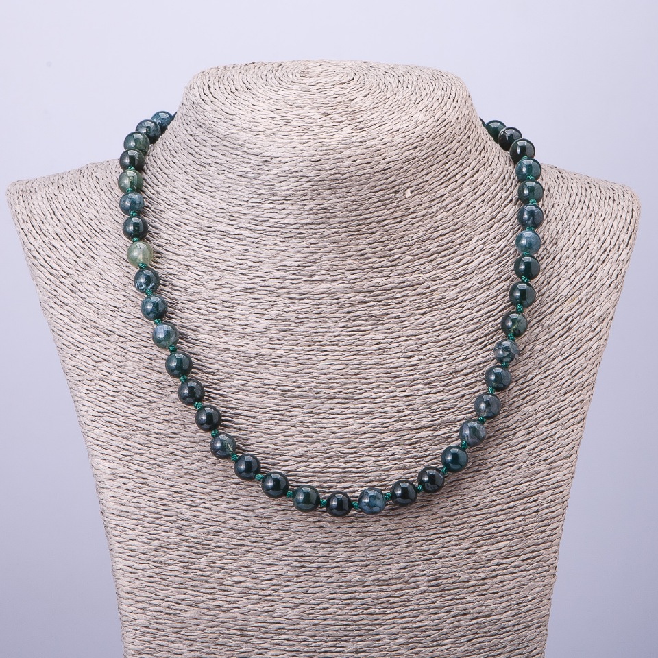 Moss Agate Beads Necklace, smooth beads, 8mm diameter, 50cm length