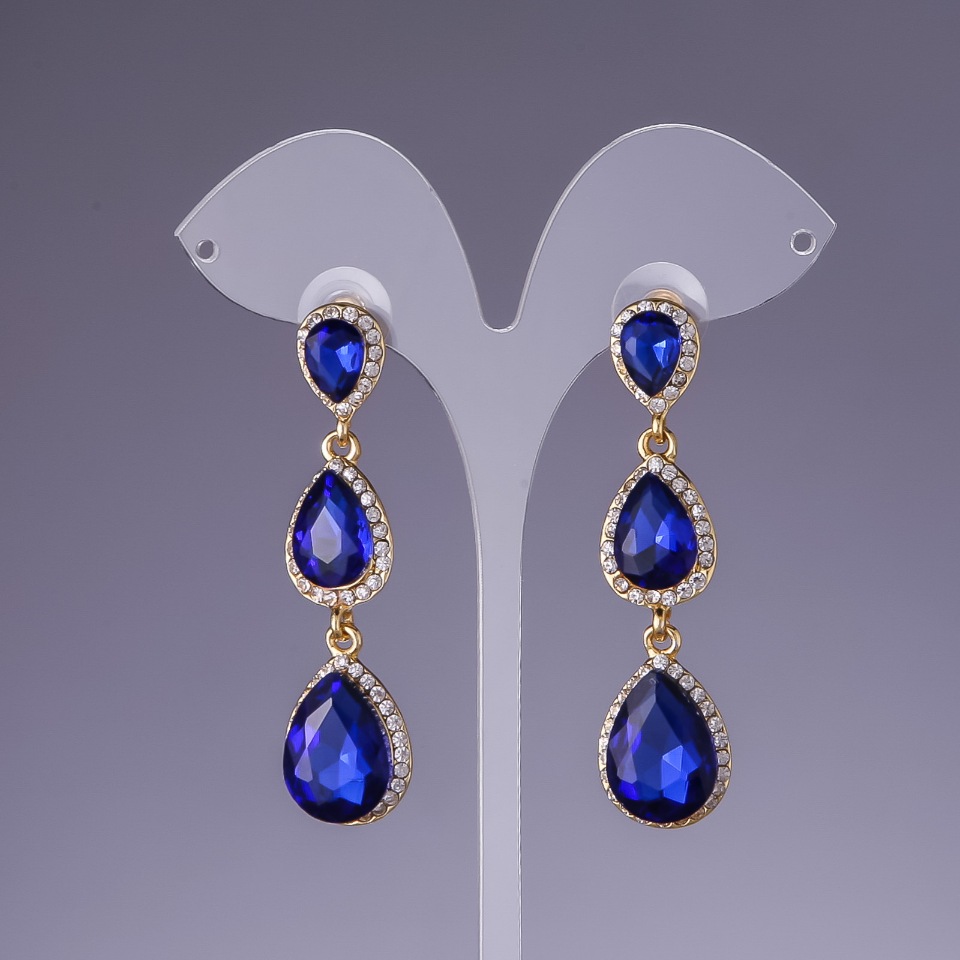 Earrings with ultramarine blue crystals, 6 cm long, yellow metal