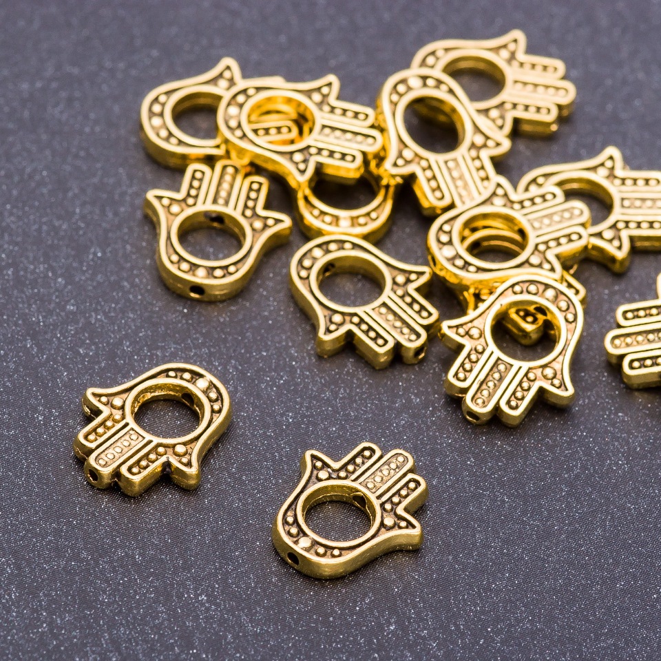 Palm-shaped bead insert, antique gold color, 14 x 12 x 2.5 mm, hole diameter 5 mm, packaging 20 g +/- 19 pcs