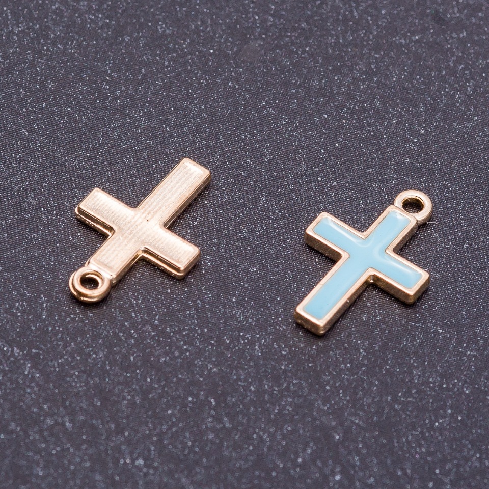 Pendant finding 'Cross' blue enamel with gold finish, diameter 11 mm, length 17 mm, through-holes 10 pcs