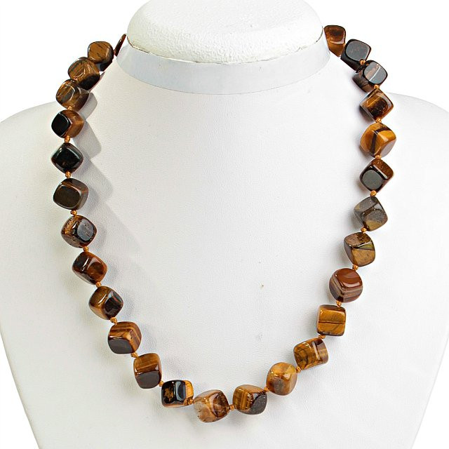 Tiger's Eye Necklace with 10mm Cubic Beads, 48 cm Long