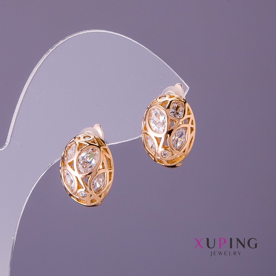 Xuping Earrings with White Stones, 11 mm diameter, 14 mm length, Gold color