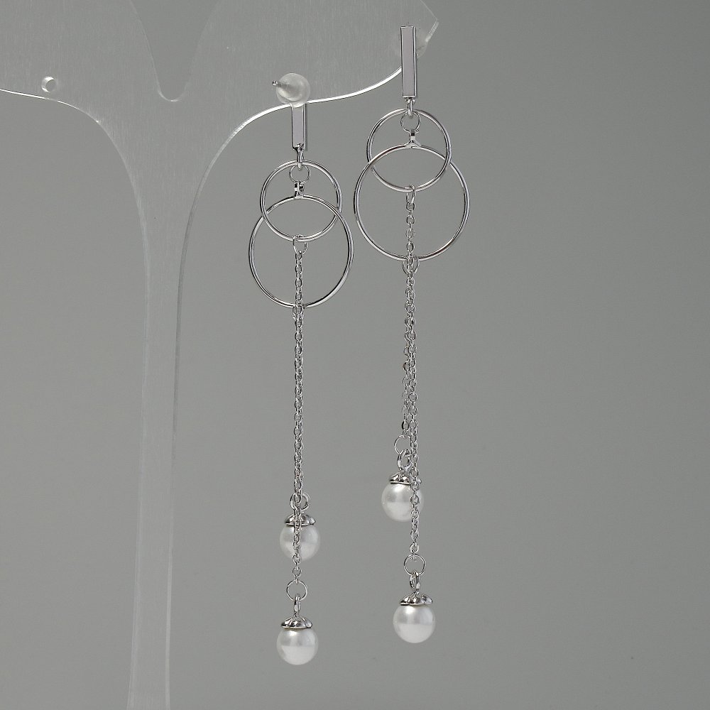 Earrings "Itaolya" "Pearls", diameter 18 mm, length 85 mm, silver color