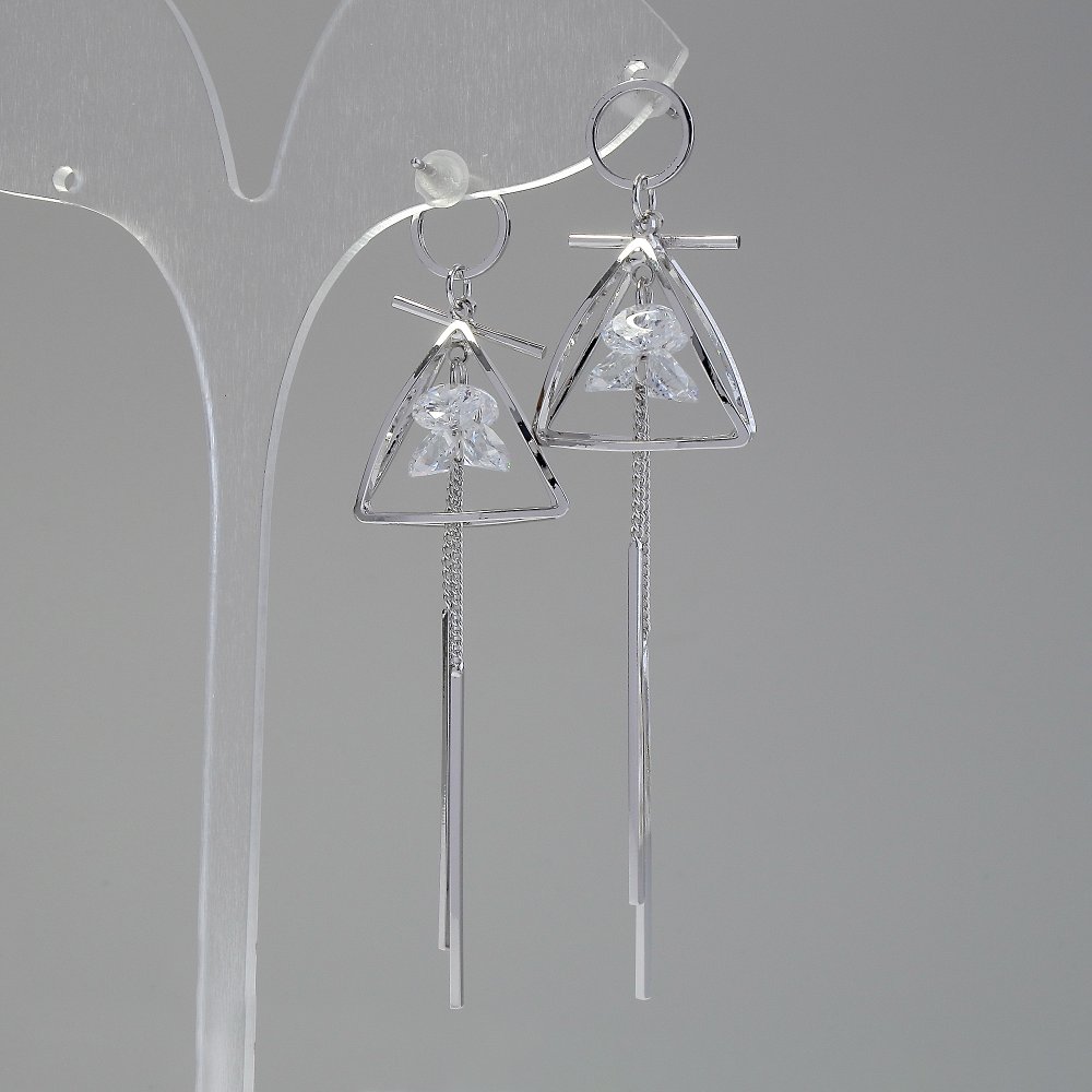 Earrings 'Itaolyao' Pyramid-shaped with crystals, 20 mm diameter, 55 mm length, silver